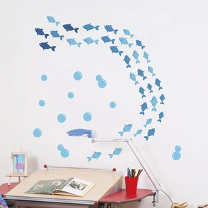 Blue fish and bubbles wall stickers set for children room and bedroom decoration