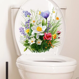 Détail d'un autocollant de toilette étanche avec des marguerites et fleurs sauvages