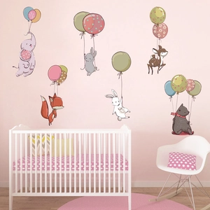 Hot air balloon wall stickers with elephant, rabbit, and bear for nursery room decor
