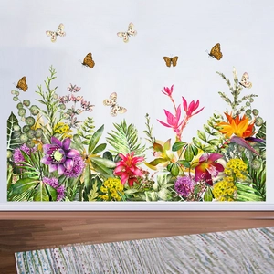 Stickers Muraux Modernes Fleurs et Papillons Imperméable PVC Feuilles Vertes Décalcomanies pour Chambre Salon Déco Murale
