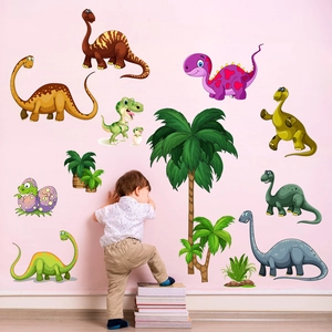 Stickers Muraux Dinosaures de Dessin Animé pour Chambre d'Enfant PVC Imperméable Amovible Décor de Crèche T-Rex Palmier Stickers