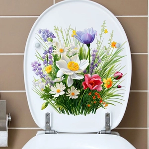 Détail de l'autocollant floral pour abattant de WC avec marguerites et lavande colorées