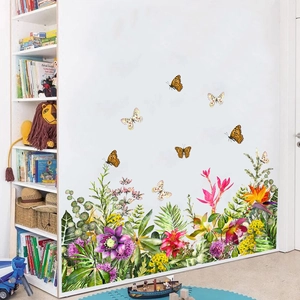 Stickers muraux feuilles tropicales et papillons colorés pour décoration de salon maison