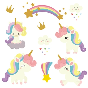 Stickers muraux licorne avec arc-en-ciel et étoiles pour chambre d'enfant déco
