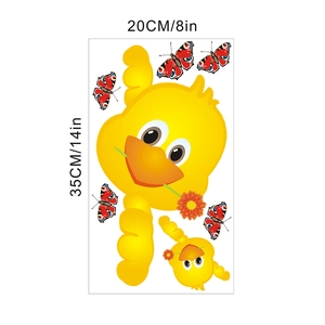 Detail of cartoon yellow duck wall stickers with red butterflies and size dimensions