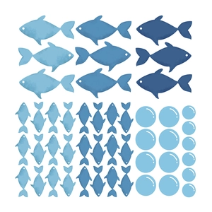 Detail showing blue watercolor fish and bubble wall stickers set for home decoration