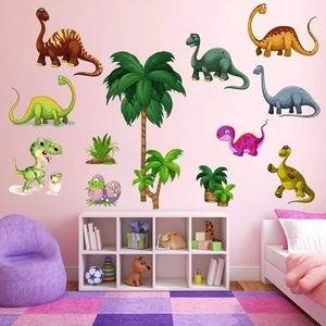 Autocollants muraux dinosaures colorés pour chambre d'enfant avec palmiers et T-Rex
