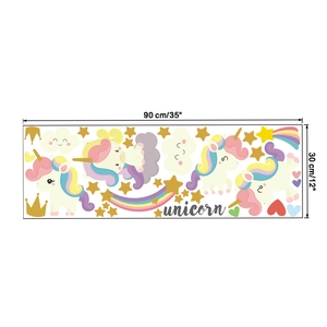 Plan détaillé des stickers muraux licorne et arc-en-ciel mesurant 90cm sur 30cm