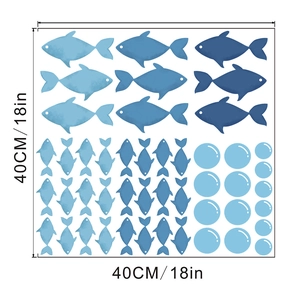 Detailed flat layout of blue ocean fish wall decals with 40cm size dimensions shown