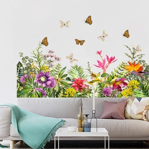 Stickers muraux avec feuilles tropicales et papillons pour décor de salon