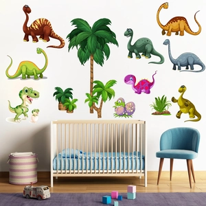 Détail de stickers muraux dinosaures colorés pour chambre d'enfant et crèche