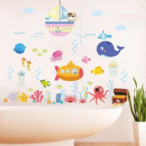 Cartoon ocean world wall stickers with whales and submarine for kids room and bathroom