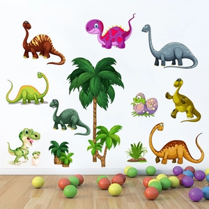 Stickers muraux dinosaures colorés pour chambre d'enfant avec décors de palmiers