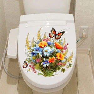 Sticker mural adhésif pour salle de bain avec bouquet de fleurs et papillons colorés