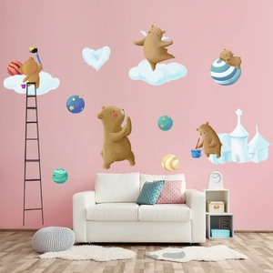 DIY watercolor bear wall decals with stars and castle for nursery room decoration
