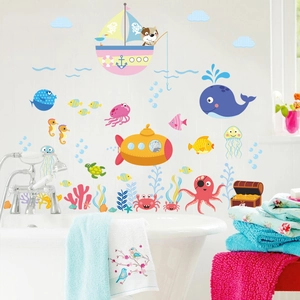 Cartoon Marine Life Wall Stickers Waterproof PVC Ocean Sea Creatures Whale Submarine Decal For Kids Room Bathroom Home Decor