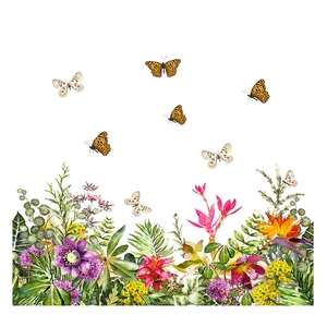 Stickers muraux fleurs tropicales avec papillons colorés et feuilles vertes