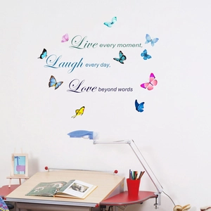 Colorful butterfly wall decals with Live Laugh Love inspirational quotes for living room