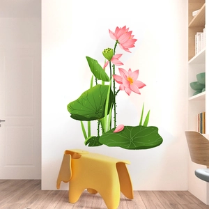 Lotus Flower Wall Sticker Pink Lotus Green Leaf PVC Removable Waterproof Mural For Living Room Bedroom Kitchen Home Wall Decoration