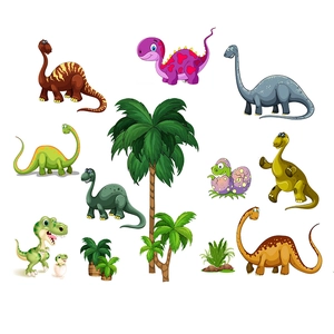 Stickers muraux dinosaures colorés avec plantes tropicales pour décoration chambre enfant