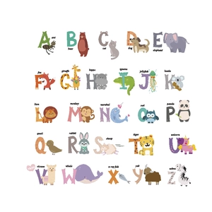 Cartoon animal alphabet wall decals for kids room education and nursery wall decoration