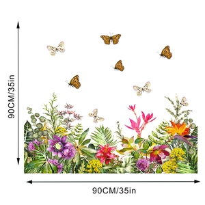 Vue détaillée du sticker mural 90x90cm avec fleurs colorées et papillons volants