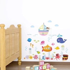 Whale and submarine cartoon ocean wall stickers for children bedroom decor