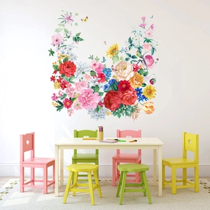 Vinilos decorativos florales con peonías rosas y pájaros para habitación de niños