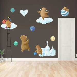 Cartoon bear wall stickers set with stars clouds and castle for kids room decor