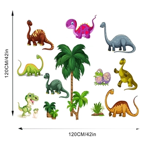 Vue détaillée des stickers muraux dinosaures colorés avec T-Rex et palmiers tropicaux