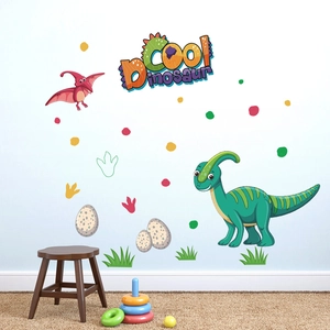 Cartoon dinosaur wall stickers with dinosaur eggs and footprints for kids room decor