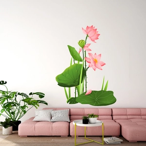 Modern pink lotus flower wall sticker with green leaves for living room decor