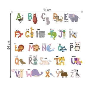 Detail view of colorful ABC animal wall decals with 60x54 cm dimension markings
