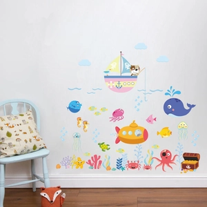 Cartoon ocean world wall stickers with whales and submarines for kids room decor