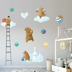 Whimsical watercolor bear wall stickers for nursery decor featuring clouds and stars