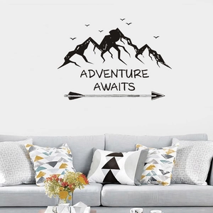 Adventure awaits wall decal featuring mountain peaks and flying birds for living room decor
