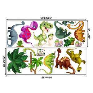 Plan détaillé des dimensions des stickers muraux dinosaures colorés pour enfants