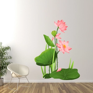 Water lily wall stickers with pink lotus and green leaves for living room wall decoration