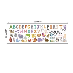Detail showing 90x30cm layout of 26 colorful alphabet wall stickers with cartoon animals