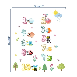 Detail of colorful cartoon animal number wall decals with product size measurements