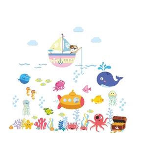 Cartoon ocean world wall stickers with whales, turtles and submarines for kids room