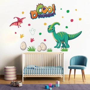Detail of dinosaur wall stickers set with footprints and cute cartoon characters for nursery