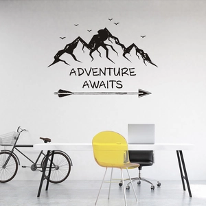 Minimalist mountain and seagull wall decals with Adventure Awaits quote for home decor