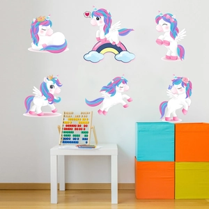 Cartoon unicorn wall stickers with rainbows for girls bedroom and nursery wall decor