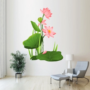 Modern living room wall decor with pink lotus flowers and green lily pads wall stickers
