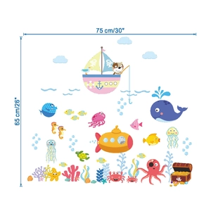 Cartoon ocean world wall stickers with whales and submarine, size 75x65 cm for kids rooms