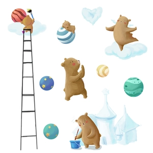 Cute watercolor cartoon bears with stars and clouds for kids' room wall decoration