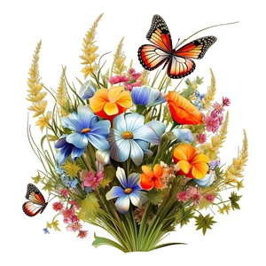 Détail de stickers muraux floraux avec papillons et fleurs sur fond blanc épuré