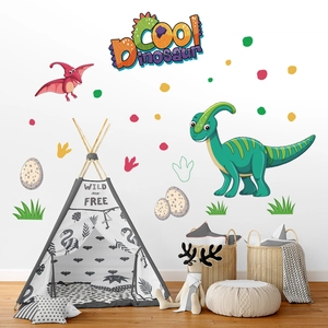 Cartoon dinosaur and footprints wall stickers set for kids bedroom decor and nursery room