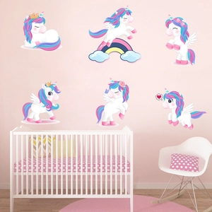 Cartoon unicorn wall stickers in pastel colors for kids bedroom and nursery decoration